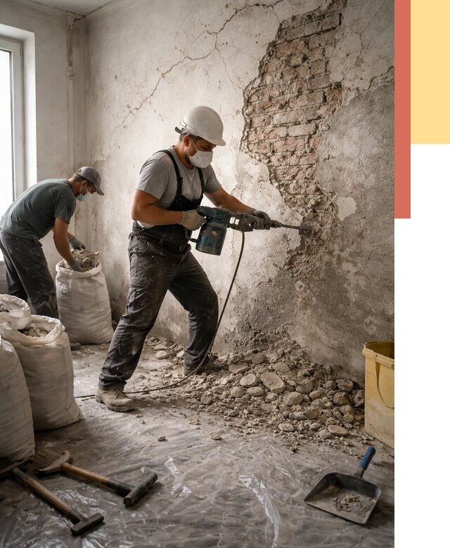 Демонтаж штукатурки со стен в Анжеро-Судженске от 7385 руб/м² — быстро и недорого | ОТДЕЛОЧНИК-Нжр