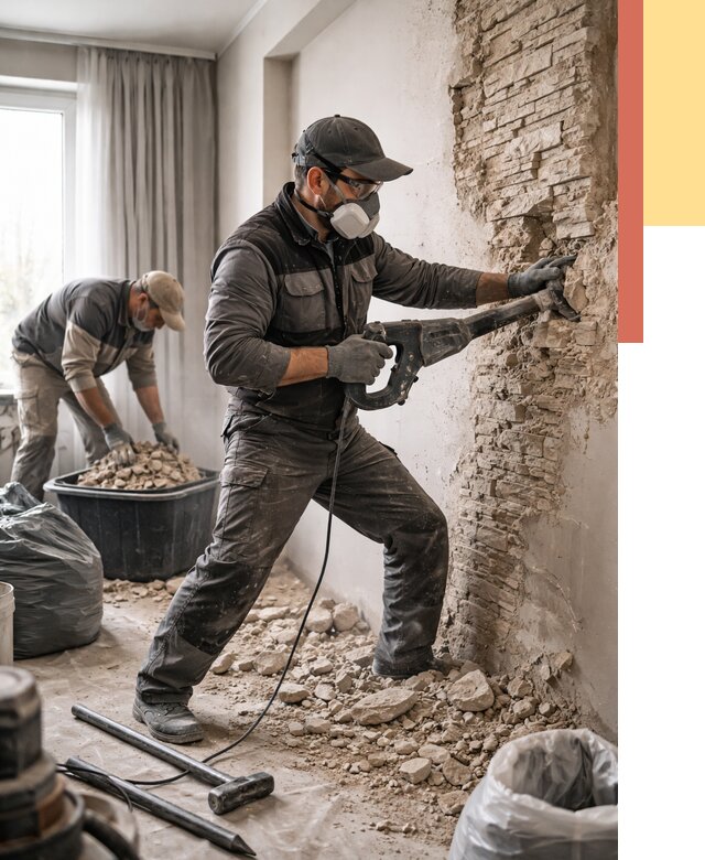 Демонтаж декоративного камня в Анжеро-Судженске от 1487 руб/м² — быстро и недорого | ОТДЕЛОЧНИК-Нжр