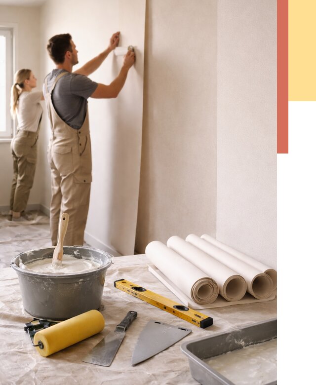 Поклейка бумажных обоев в Анжеро-Судженске от 5641 руб./м2 — быстро и недорого | ОТДЕЛОЧНИК-Нжр