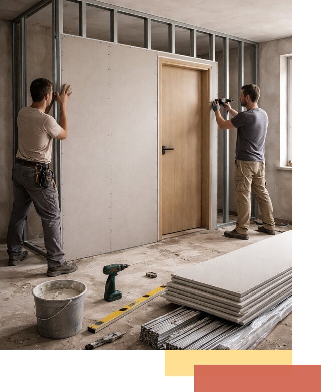 Перегородка из гипсокартона с дверью под ключ в Анжеро-Судженске