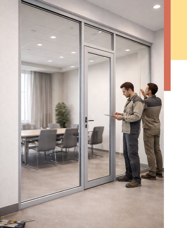 Установка и монтаж алюминиевых перегородок со стеклом в Анжеро-Судженске от 8411 руб. | ОТДЕЛОЧНИК-Нжр