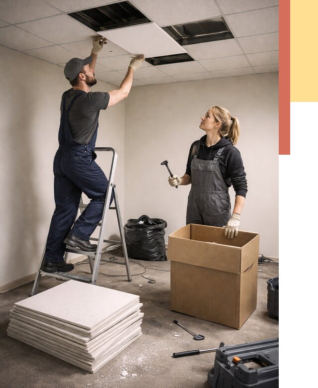 Демонтаж потолочной плитки в Анжеро-Судженске от 4616 руб. быстро и недорого | ОТДЕЛОЧНИК-Нжр