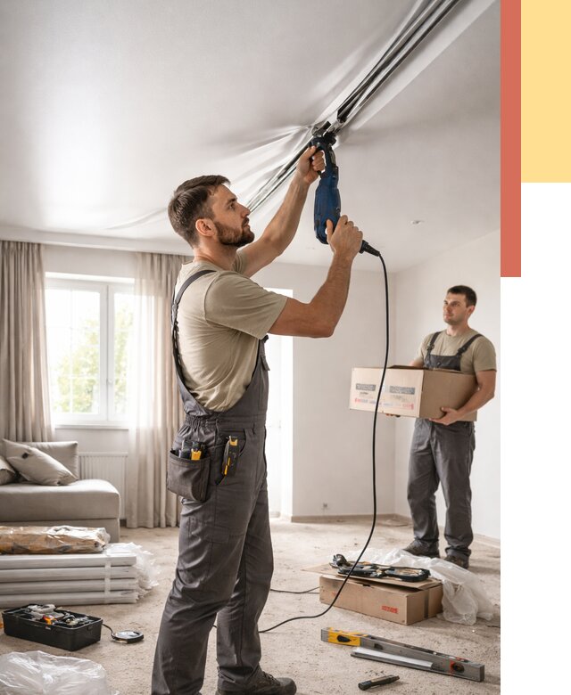 Монтаж сатинового натяжного потолка в Анжеро-Судженске от 3590 руб. | Быстро, недорого — ОТДЕЛОЧНИК-Нжр