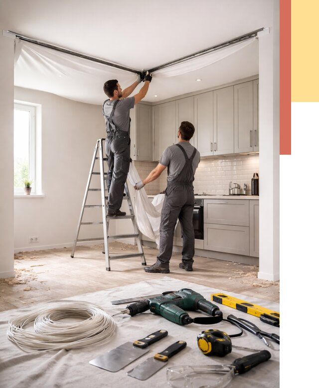 Установка натяжного потолка на кухне в Анжеро-Судженске от 2462 руб. | ОТДЕЛОЧНИК-Нжр