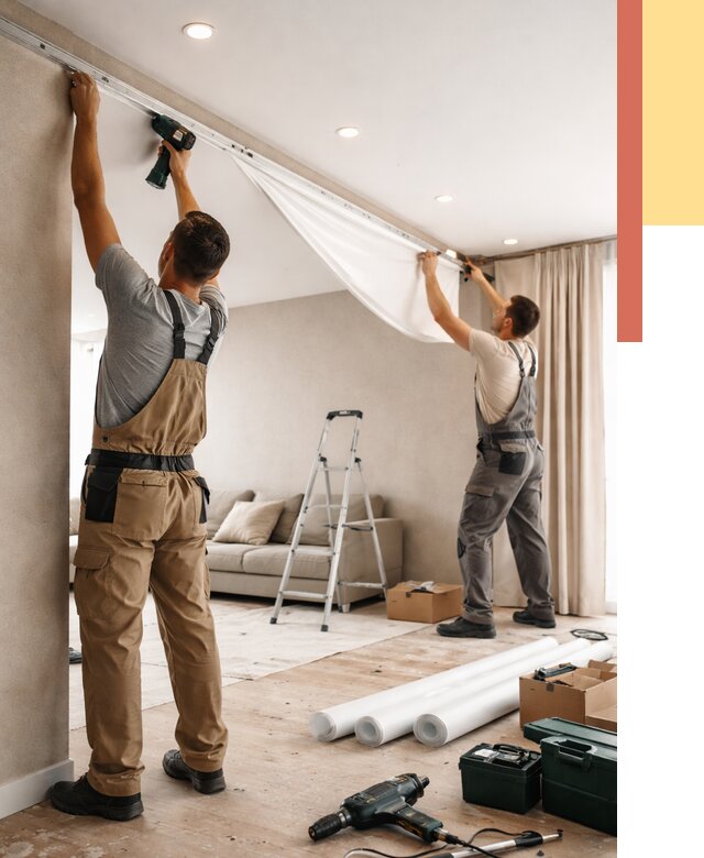 Монтаж натяжного потолка в гостиной в Анжеро-Судженске от 564 руб. | ОТДЕЛОЧНИК-Нжр