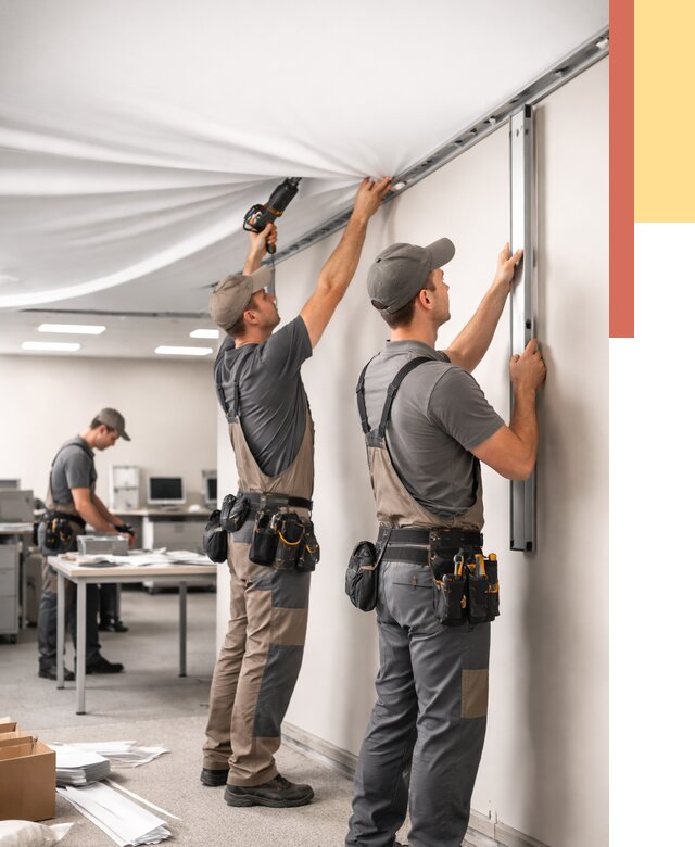 Монтаж натяжного потолка в офисе в Анжеро-Судженске от 462 руб/м² — быстро и недорого | ОТДЕЛОЧНИК-Нжр