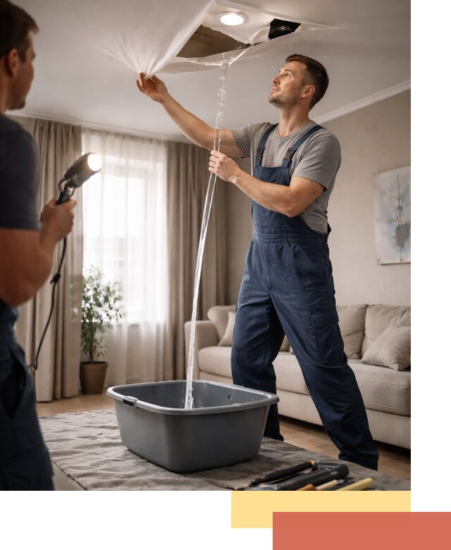 Слив воды с натяжного потолка в Анжеро-Судженске быстро и аккуратно